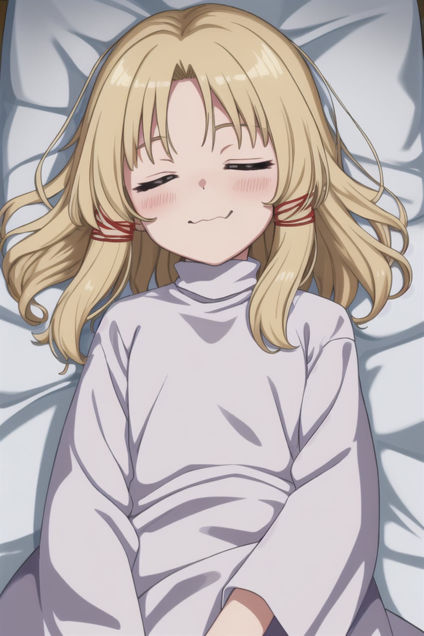 1girl, bangs, blonde_hair, blush, closed_eyes, closed_mouth, highres, kgmraisys