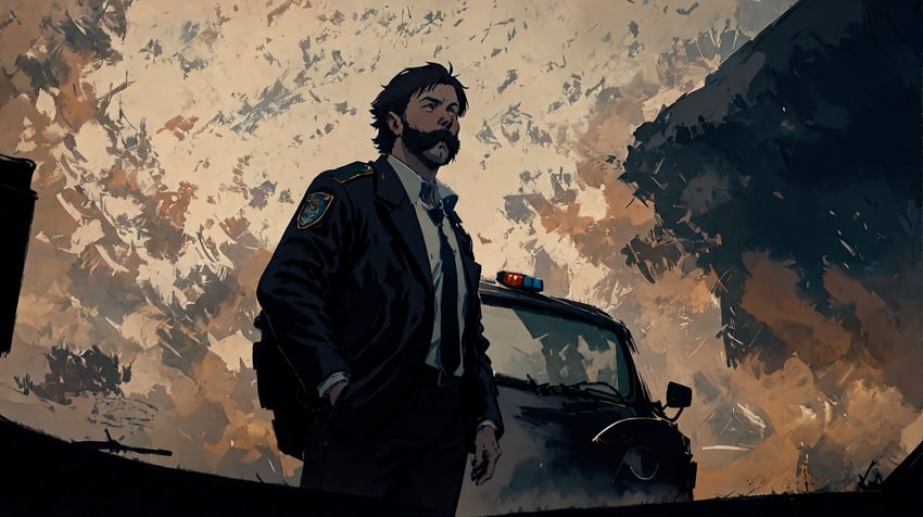 1boy, black_hair, car, convergence_(model), cowboy_shot, disco_elysium, evakuator, facial_hair