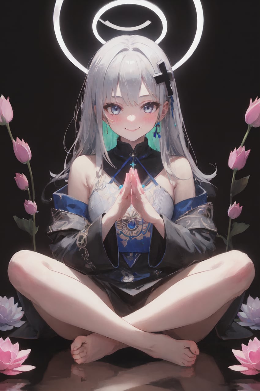 1girl, bangs, bare_legs, bare_shoulders, barefoot, black_background, black_bow, blush