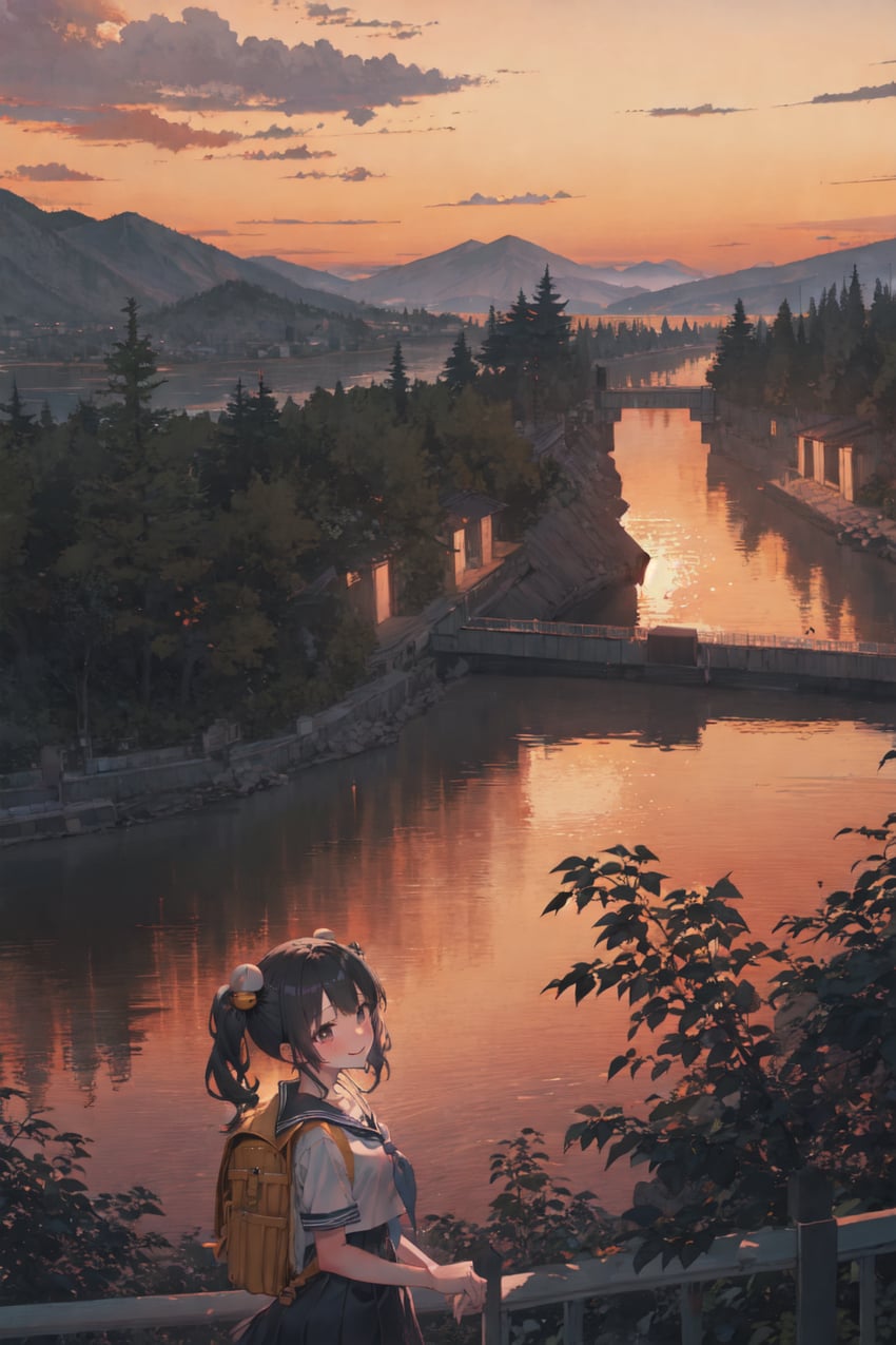 1girl, backpack, bag, bangs, black_hair, blue_sailor_collar, blue_skirt, blush, bridge, building, closed_mouth, cloud, cloudy_sky, dusk, evening, from_side, gradient_sky, hair_bobbles, hair_ornament, jemnite, lake, looking_at_viewer, looking_to_the_side, mask, mountain, mountainous_horizon, mung_bean_soup, nature, neckerchief, orange_sky, original, outdoors, pleated_skirt, ponytail, railing, reflection, river, sailor_collar, scenery, school_bag, school_uniform, scrunchie, self-upload, serafuku, shirt, short_sleeves, skirt, sky, smile, solo, standing, sunset, tree, twintails, water, white_shirt