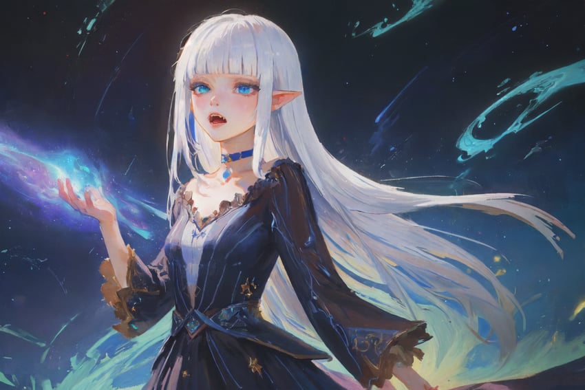 1girl, arm_at_side, bangs, blue_choker, blue_dress, blue_eyes, blunt_bangs, borrowed_character