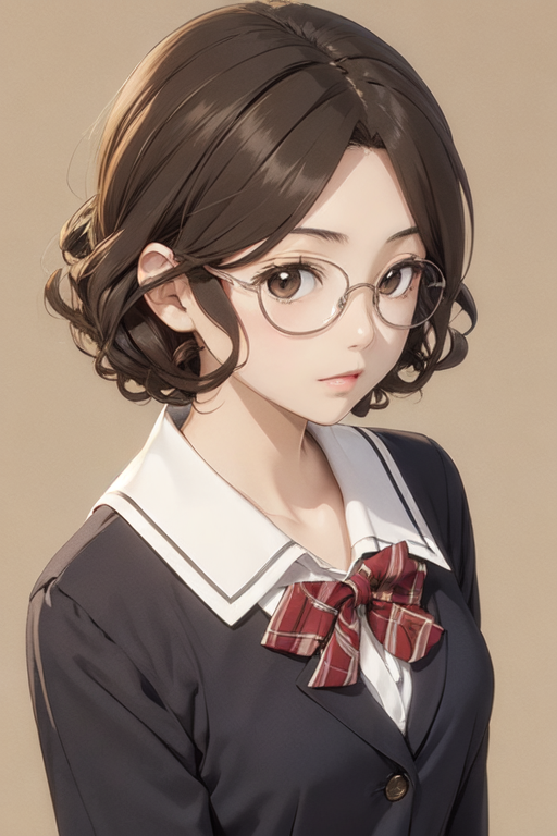 1girl, bangs, black-framed_eyewear, blazer, bow, bowtie, breasts, brown_background