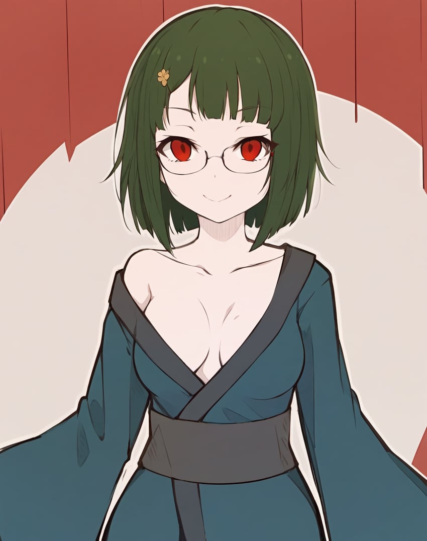 1girl, bangs, black_sash, blunt_bangs, bob_cut, breasts, cleavage, closed_mouth