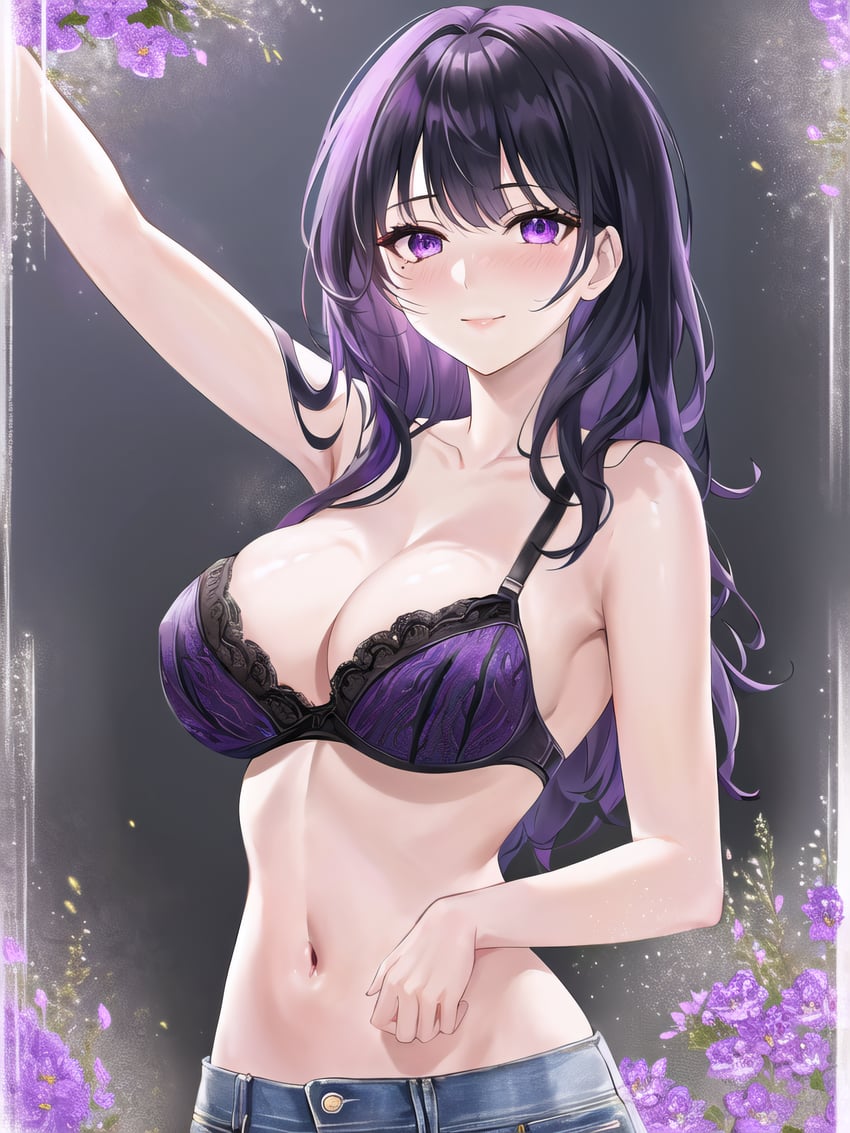 1girl, absurdres, arm_up, bare_arms, black_hair, blue_pants, bra, breasts