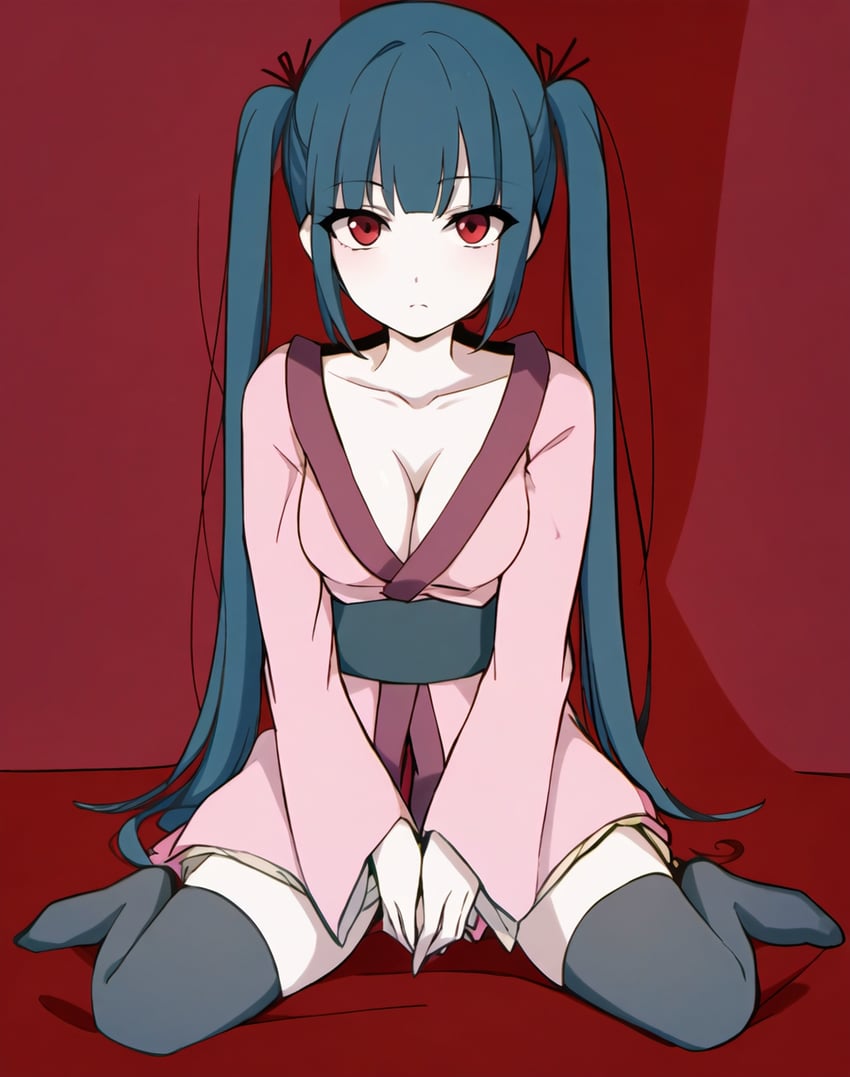 1girl, amaterasu_(sister's_story), bangs, between_legs, blue_hair, blunt_bangs, breasts, cleavage