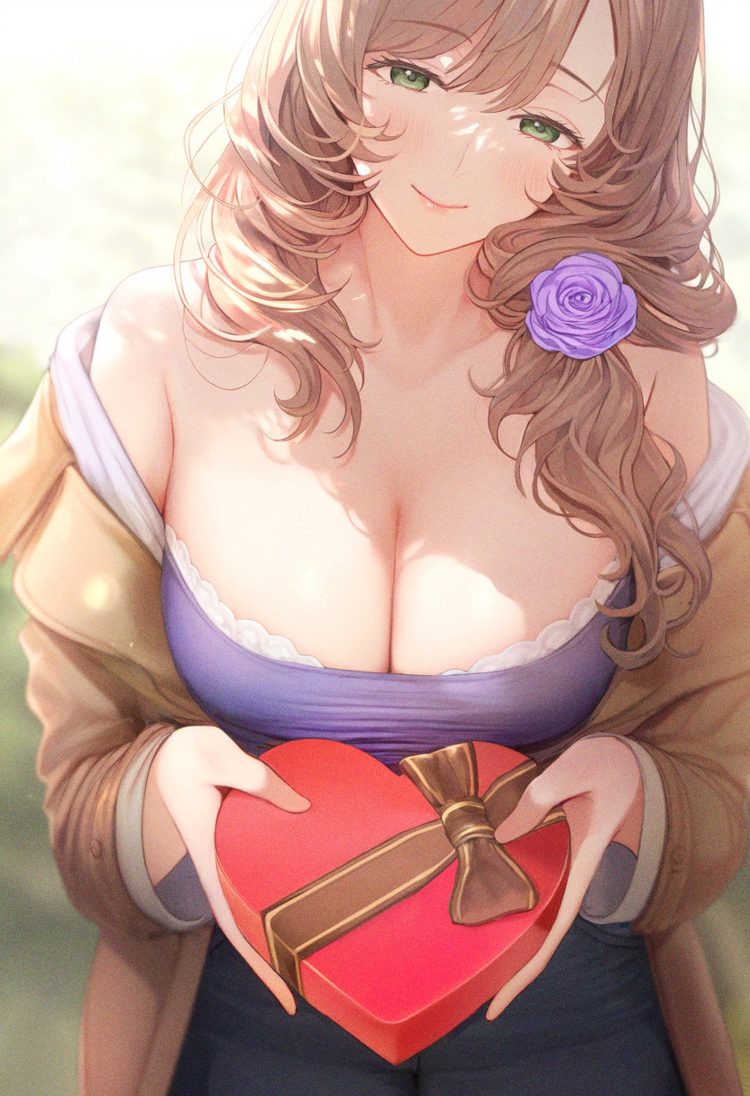 1girl, bangs, blush, box, breasts, brown_hair, cleavage, closed_mouth
