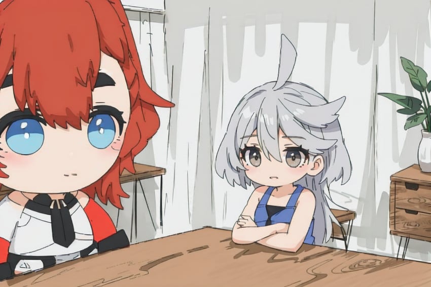 2girls, ahoge, blue_eyes, commentary, crossed_arms, doqute_doll_photoshoot_parody_(meme), grey_eyes, grey_hair