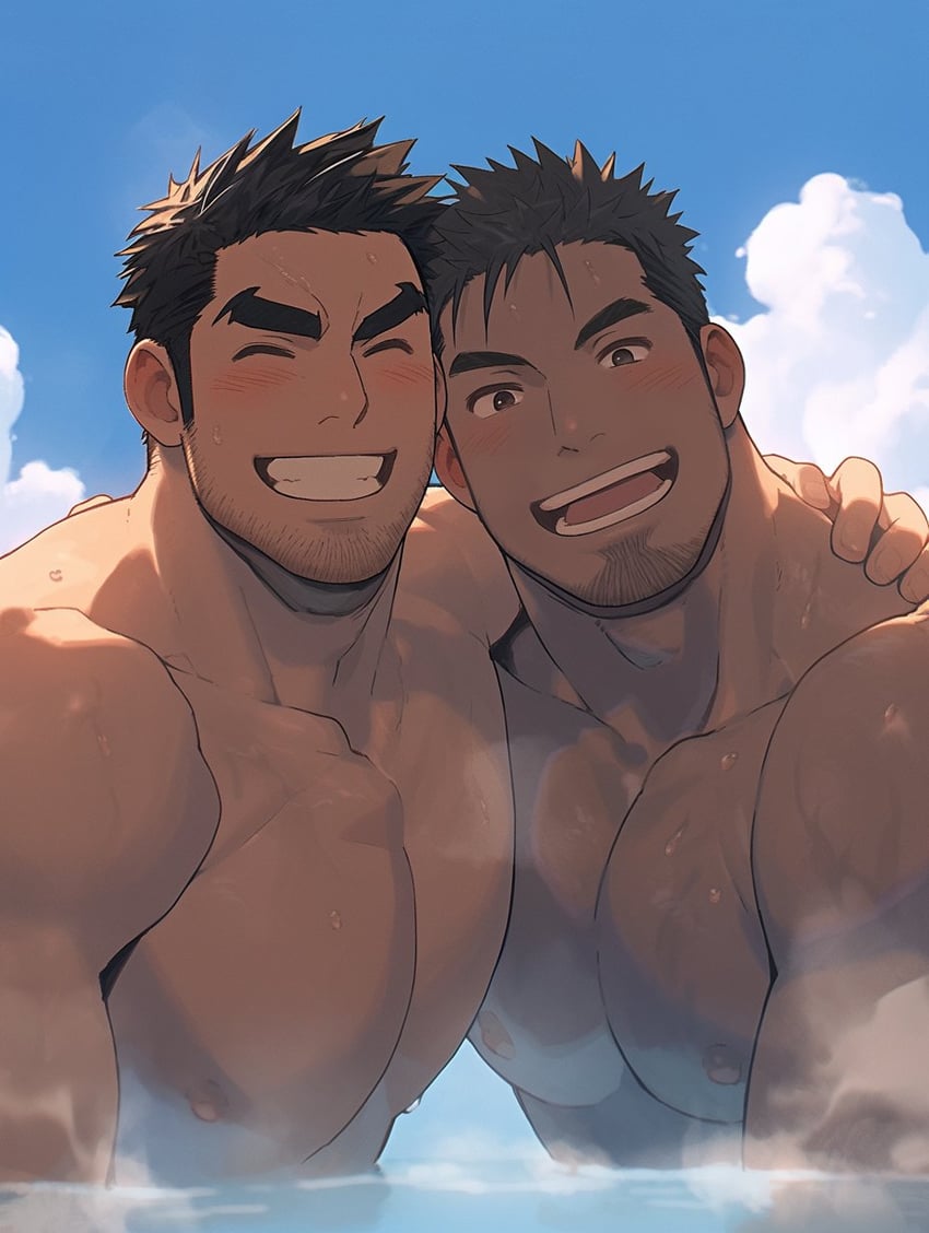 2boys, bara, beard, blue_sky, blush, brown_hair, closed_eyes, cloud