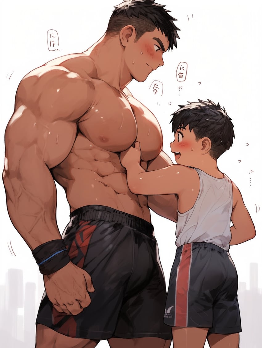 2boys, abs, bara, black_hair, black_shorts, blush, closed_mouth, esu, light_smile, male_focus, metadata_request, model_request, motion_lines, multiple_boys, muscular, muscular_male, nipples, open_mouth, original, pectorals, short_hair, shorts, shota, speech_bubble, sweatband, sweatdrop, tank_top, undercut, veins, white_background, white_tank_top
