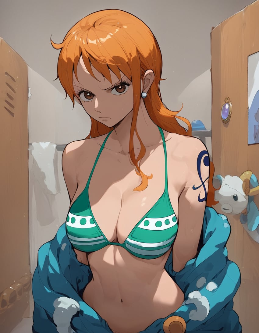 1girl, bare_shoulders, bikini, breasts, brown_eyes, cleavage, closed_mouth, collarbone, earrings, green_bikini, indoors, jewelry, kagero, large_breasts, locker, locker_room, long_hair, looking_at_viewer, metadata_request, nami_(one_piece), navel, non-web_source, one_piece, orange_hair, pony_diffusion_xl, self-upload, shoulder_tattoo, solo, stomach, swimsuit, tattoo, undressing, upper_body