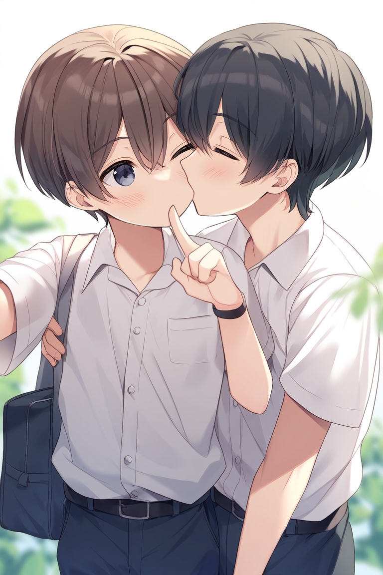 2boys, belt, black_hair, blue_eyes, blush, bracelet, brown_hair, carrying_bag, collared_shirt, cowboy_shot, denim, formal, hair_between_eyes, jeans, jewelry, kiss, kissing_cheek, leaf, male_focus, metadata_request, model_request, multiple_boys, no_mouth, one_eye_closed, pants, rudeusshota, shirt, short_hair, short_sleeves, shota, single_arm_hug, suit, white_background, white_shirt, yaoi