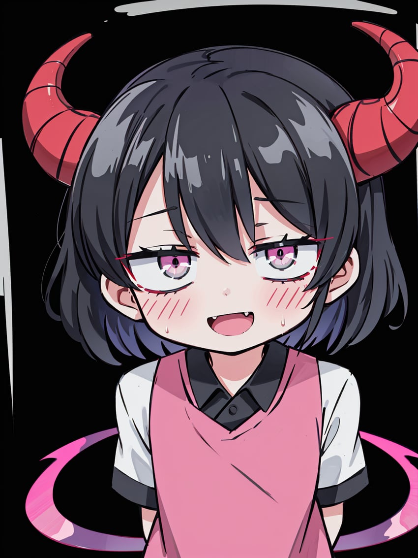 1boy, arms_behind_back, bangs, black_background, black_hair, blush, commentary, demon_boy