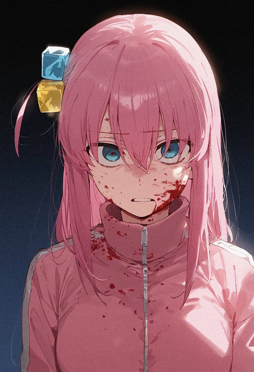 1girl, absurdres, bangs, black_background, blood, blood_on_clothes, blood_on_face, blood_splatter