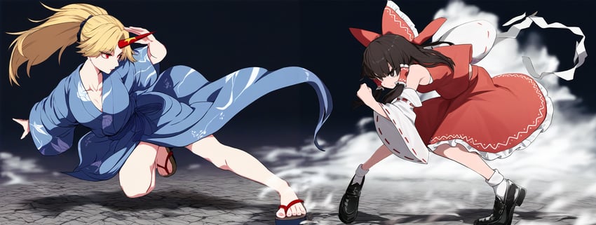 2girls, alternate_costume, alternate_hairstyle, bangs, bare_legs, bare_shoulders, black_background, black_footwear