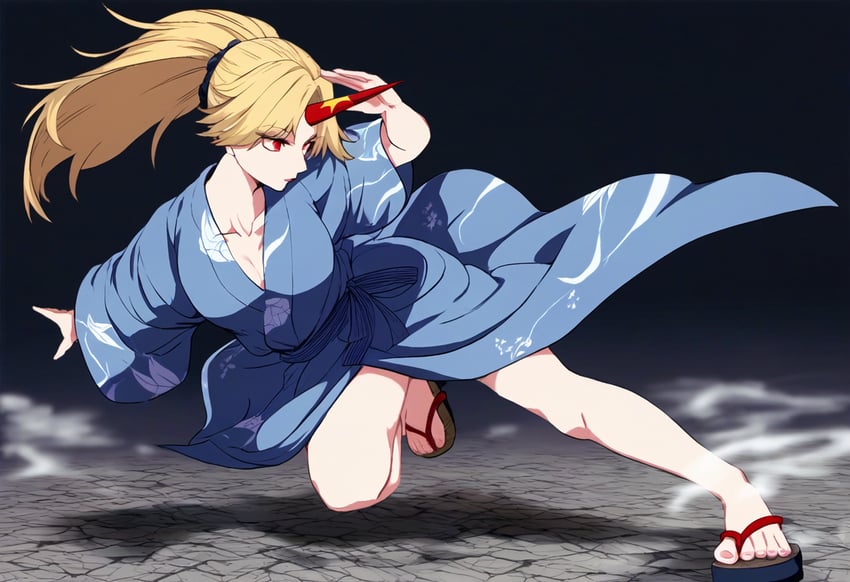 1girl, alternate_costume, alternate_hairstyle, bangs, bare_legs, black_background, blonde_hair, blue_kimono