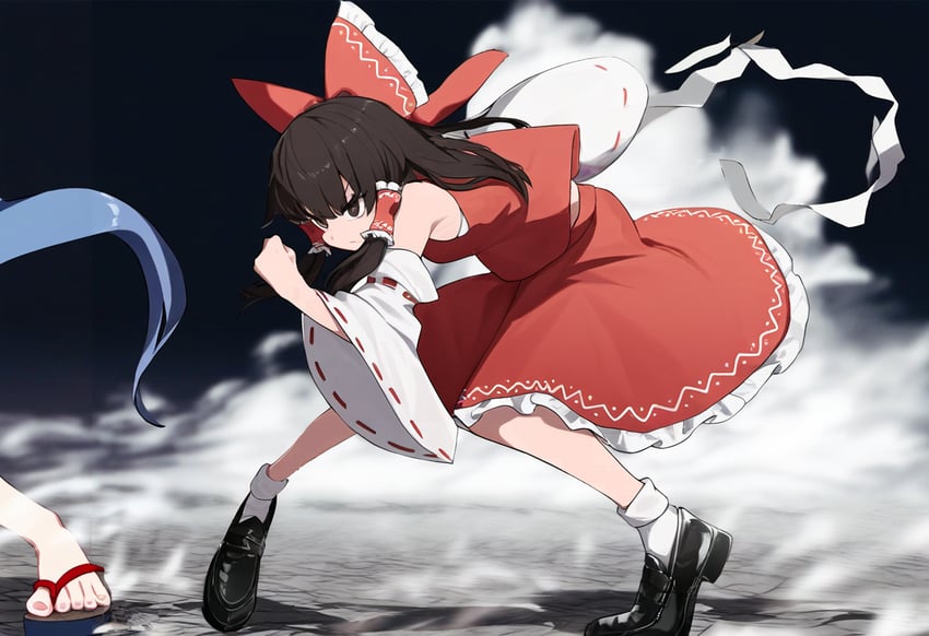 2girls, bangs, bare_shoulders, black_footwear, bow, brown_eyes, brown_hair, closed_mouth