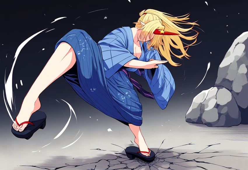 1girl, alternate_costume, blonde_hair, blue_kimono, breasts, cleavage, fighting_stance, full_body