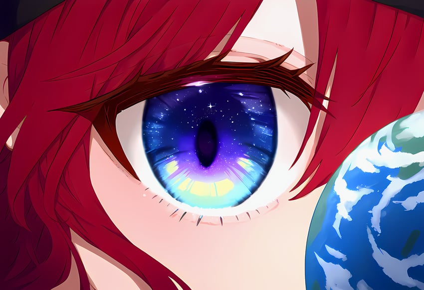 1girl, absurdres, bangs, black_headwear, blue_eyes, close-up, commentary, earth_(ornament)