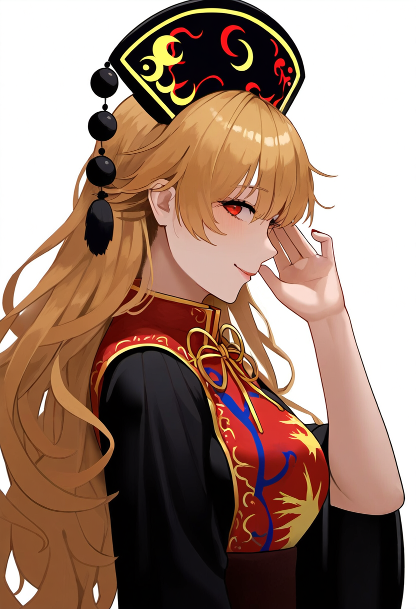 1girl, bangs, black_dress, black_headwear, blonde_hair, breasts, chinese_clothes, closed_mouth, crescent, dress, from_side, hair_between_eyes, hand_up, hat, junko_(touhou), kagami_(user_pkfn8372), lips, long_hair, long_sleeves, looking_at_viewer, novelai, pom_pom_(clothes), red_eyes, simple_background, smile, solo, stealth_metadata, tabard, tassel, touhou, upper_body, white_background, wide_sleeves