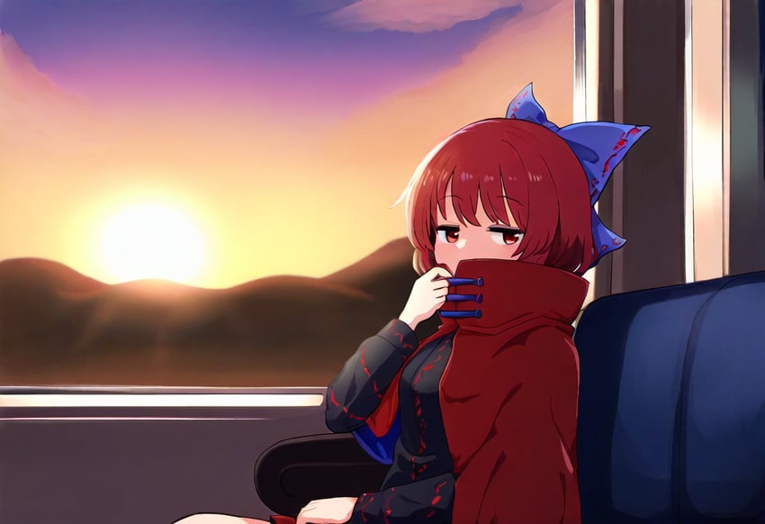 1girl, bangs, black_shirt, blue_bow, blush, bow, cape, cloak