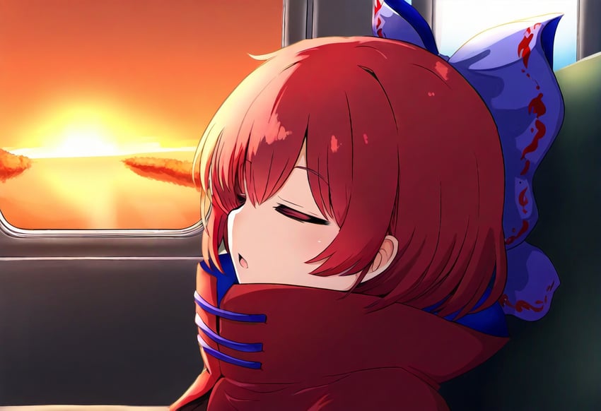 1girl, bangs, blue_bow, blush, bow, cape, cloak, closed_eyes