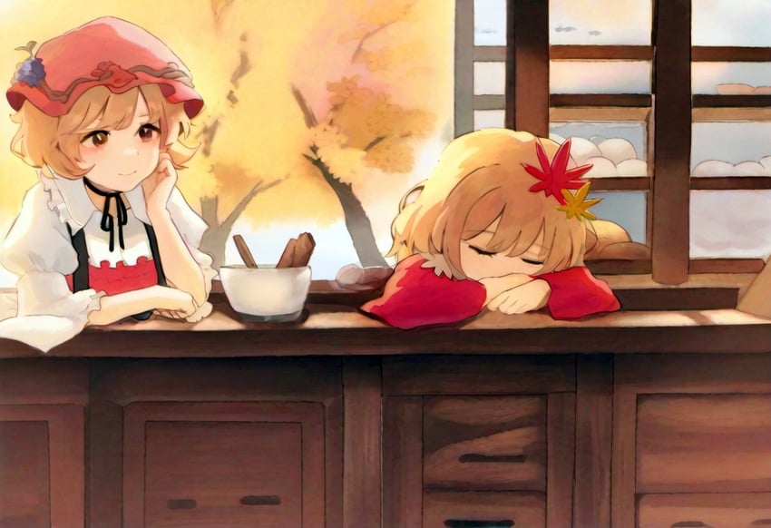2girls, aki_minoriko, aki_shizuha, apron, autumn, autumn_leaves, blonde_hair, blush