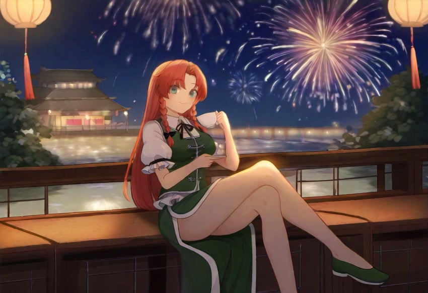 1girl, bare_legs, braid, breasts, building, chinese_clothes, crossed_legs, cup, dress, fireworks, green_eyes, green_footwear, green_skirt, green_vest, holding, hong_meiling, kagami_(user_pkfn8372), lantern, long_hair, looking_at_viewer, night, night_sky, no_headwear, novelai, outdoors, pankou, puffy_short_sleeves, puffy_sleeves, red_hair, ribbon, shirt, shoes, short_sleeves, side_slit, sitting, skirt, sky, smile, solo, touhou, twin_braids, vest
