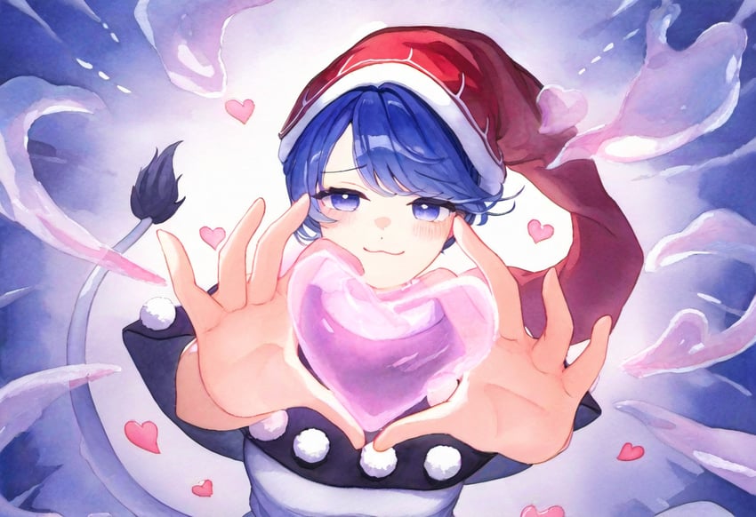 1girl, :3, bangs, black_capelet, blob, blue_eyes, blue_hair, blush