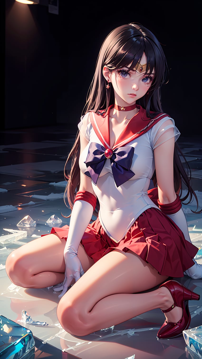 1girl, bare_legs, bishoujo_senshi_sailor_moon, black_hair, bow, choker, earrings, elbow_gloves