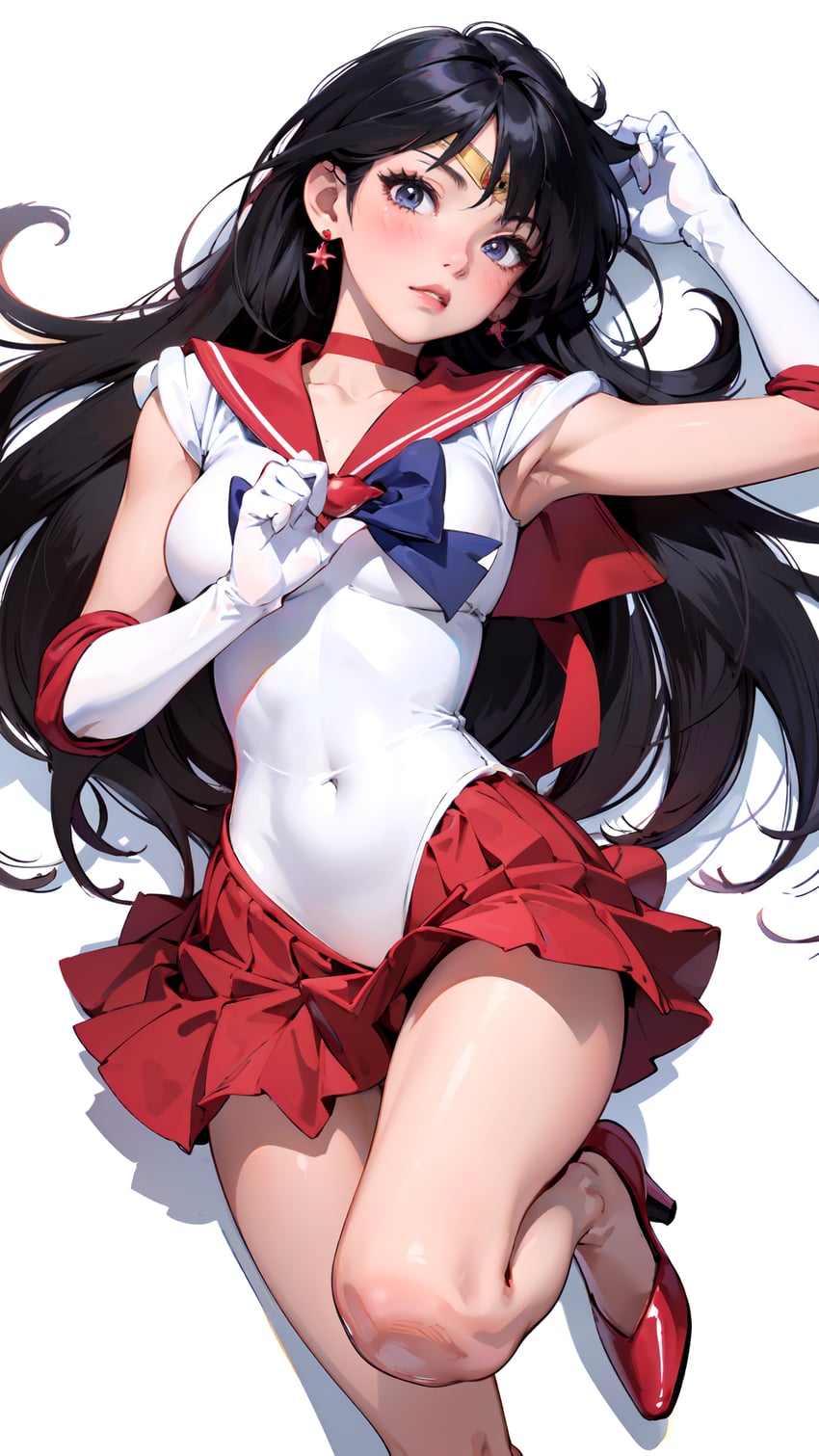 1girl, armpits, bare_legs, bishoujo_senshi_sailor_moon, black_hair, blush, bow, breasts, choker, covered_navel, earrings, elbow_gloves, gloves, high_heels, highres, hino_rei, jewelry, lips, long_hair, looking_at_viewer, lora, lying, magical_girl, miniskirt, on_back, pleated_skirt, rai_(user_mxgu5777), red_footwear, red_sailor_collar, red_skirt, sailor_collar, sailor_mars, sailor_senshi_uniform, simple_background, skirt, solo, star_(symbol), star_earrings, tiara, white_background, white_gloves, yabal_mix