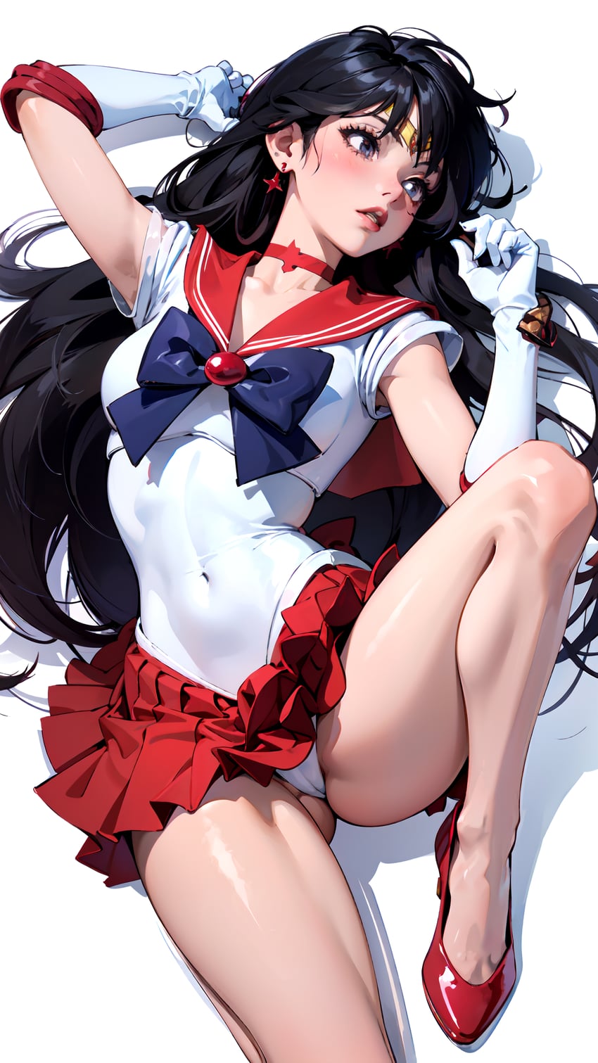 1girl, bishoujo_senshi_sailor_moon, black_hair, bow, choker, covered_navel, earrings, elbow_gloves, gloves, highres, hino_rei, jewelry, leotard, leotard_peek, long_hair, lora, lying, magical_girl, panties, rai_(user_mxgu5777), red_sailor_collar, red_skirt, sailor_collar, sailor_mars, sailor_senshi_uniform, skirt, solo, star_(symbol), star_earrings, underwear, upskirt, white_background, white_gloves, yabal_mix