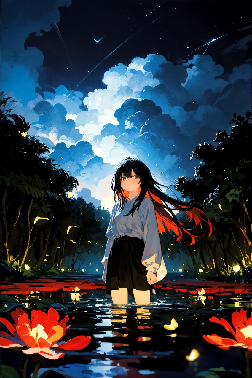1girl, adetailer, bangs, black_hair, black_skirt, blue_sky, claude_monet_(style), closed_mouth, cloud, cloudy_sky, colored_inner_hair, commentary, english_commentary, faux_oil_painting, faux_painting, faux_traditional_media, flower, forest, haiku_(model), highres, impressionism, inpainted, long_hair, long_sleeves, multicolored_hair, nature, night, night_sky, non-web_source, original, outdoors, red_flower, red_hair, self-upload, shirt, skirt, sky, solo, standing, star_(sky), storm, sulph, tree, two-tone_hair, wading, water, white_shirt