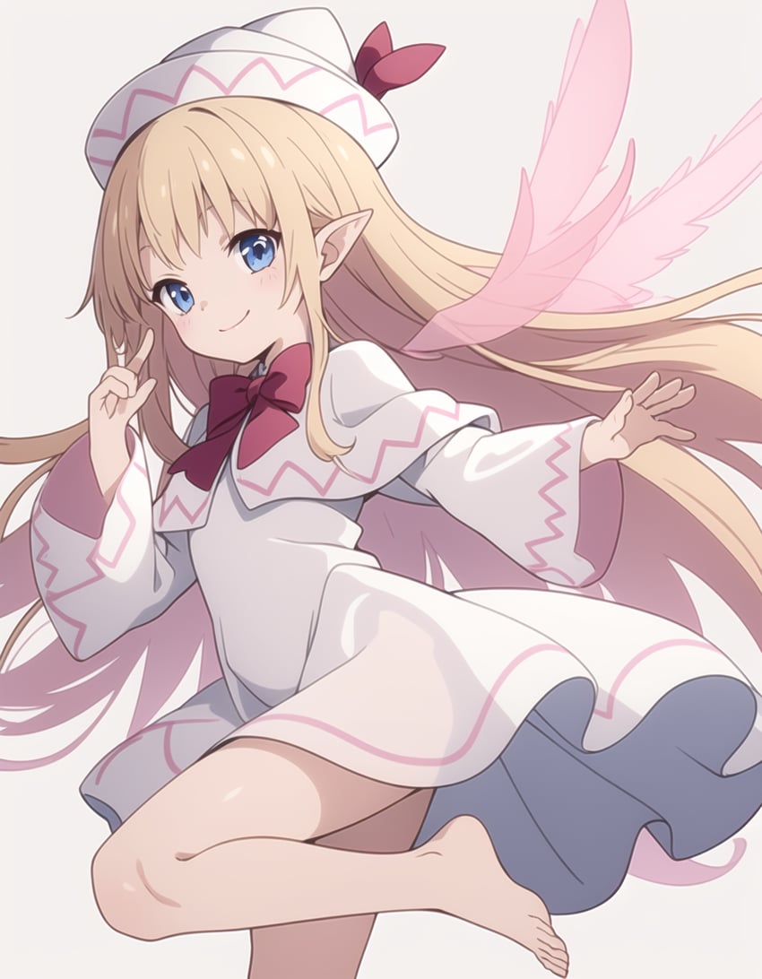 1girl, anime_screencap_style, bad_feet, bad_hands, bare_legs, barefoot, blonde_hair, blue_eyes, blush, bow, bowtie, capelet, closed_mouth, dress, error, extra_toes, fairy, fairy_wings, hat, leg_up, lily_white, long_hair, long_sleeves, looking_at_viewer, missing_finger, nekozoone, pointy_ears, simple_background, smile, solo, standing, standing_on_one_leg, thighs, touhou, very_long_hair, white_background, white_dress, white_headwear, wide_sleeves, wings