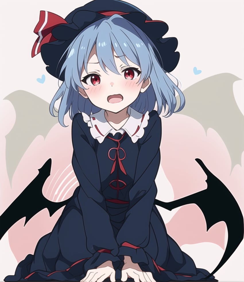 1girl, alternate_costume, anime_screencap_style, bangs, bat_wings, black_dress, black_headwear, blue_hair