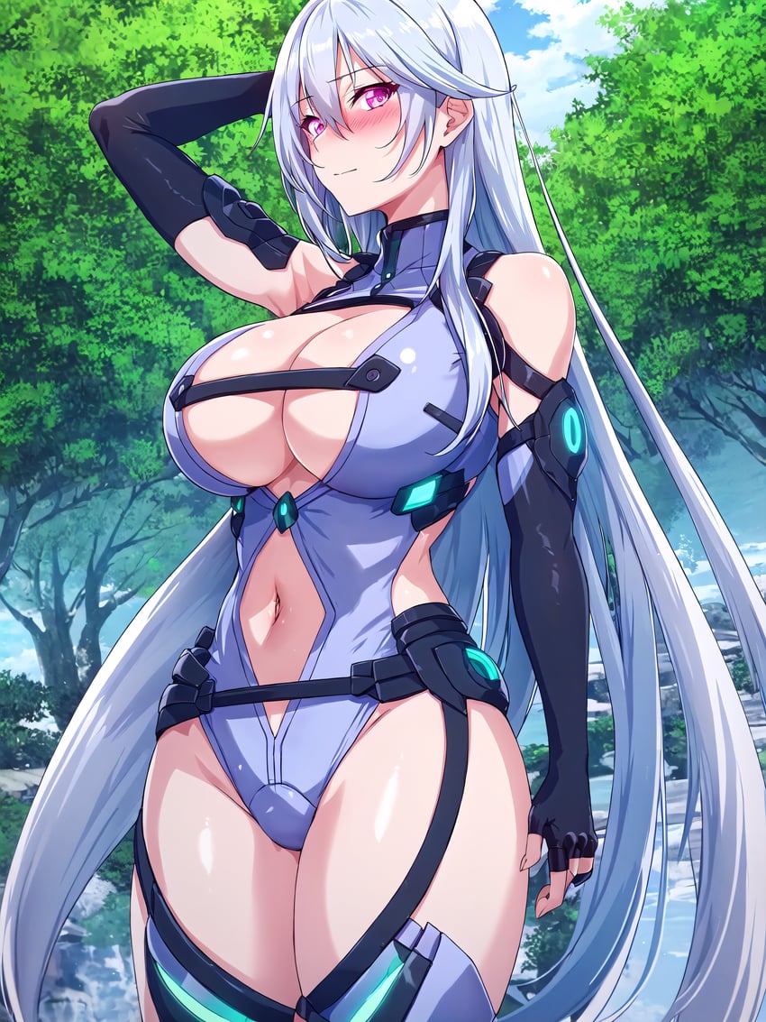 1girl, absurdres, arisato_yu, arm_at_side, arm_behind_head, arm_up, bare_shoulders, black_gloves