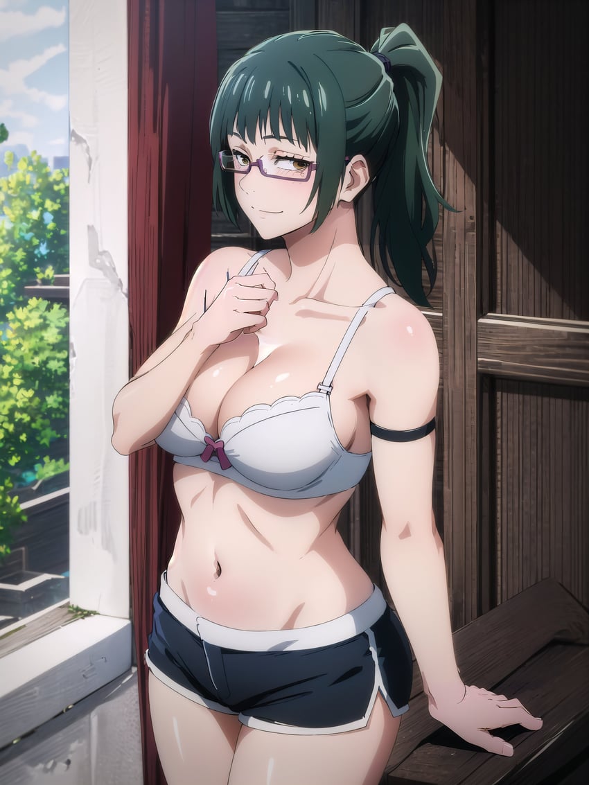 1girl, absurdres, arisato_yu, bare_shoulders, black_shorts, bra, breasts, brown_eyes