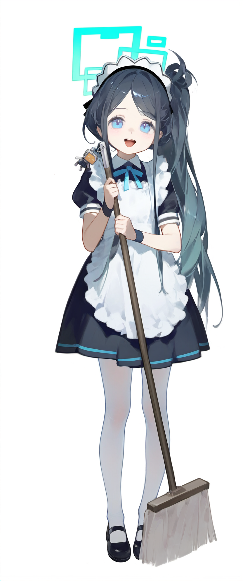1girl, alternate_costume, apron, aris_(blue_archive), aris_(maid)_(blue_archive), bad_id, bad_pixiv_id, black_hair, blue_archive, blue_eyes, broom, deadpurity, enmaided, full_body, halo, holding, holding_broom, long_hair, looking_at_viewer, maid, maid_apron, maid_headdress, metadata_request, model_request, mop, one_side_up, open_mouth, pantyhose, shoes, simple_background, smile, solo, white_apron, white_background