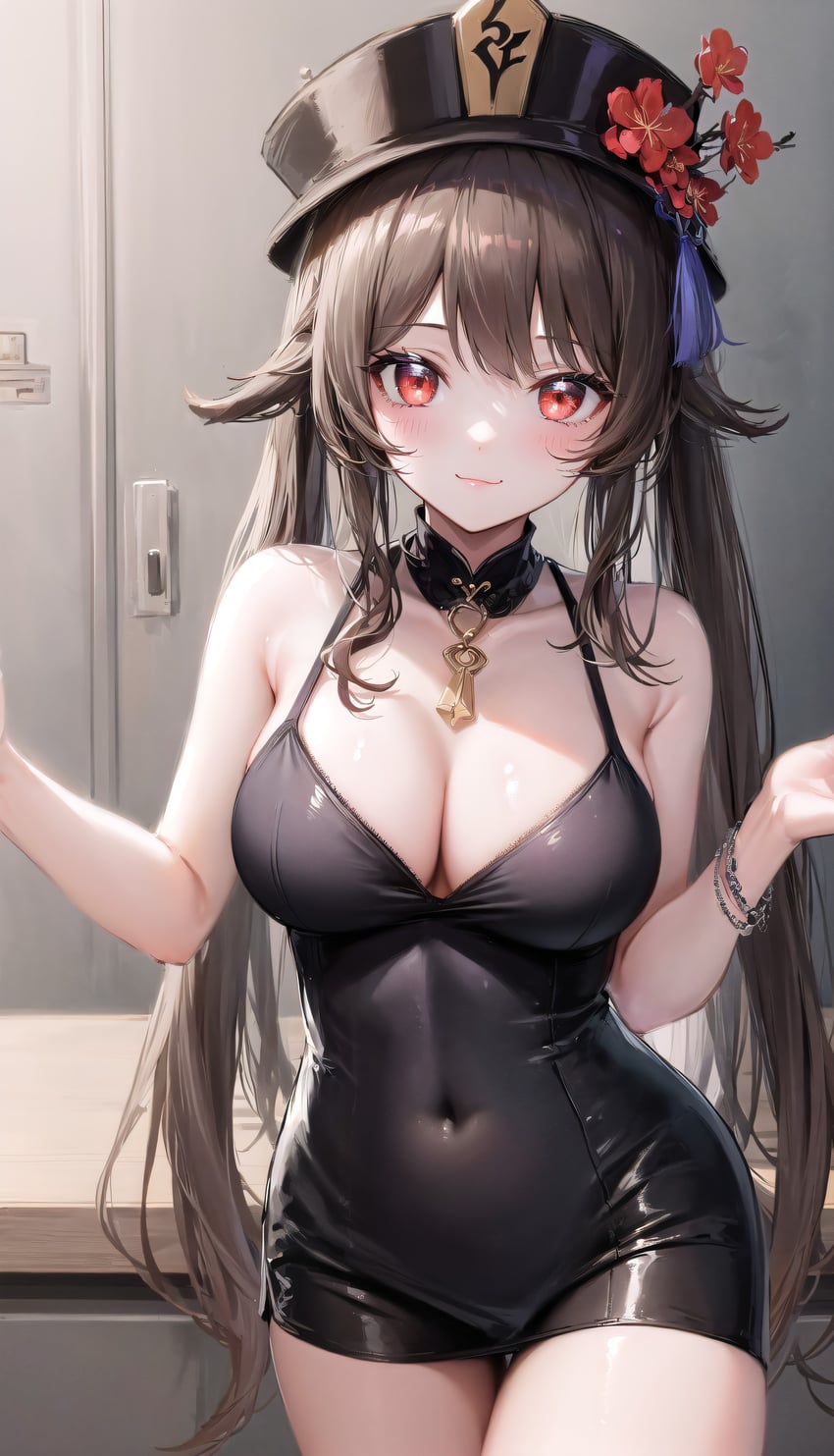 1girl, :3, absurdres, alternate_costume, armpit_crease, bare_arms, bare_shoulders, black_choker, black_headwear, bracelet, breasts, bright_sky_(user_yhys5775), brown_hair, choker, cleavage, closed_mouth, covered_navel, cowboy_shot, dress, flower, genshin_impact, hair_flaps, halter_dress, halterneck, hat, hat_flower, highres, hu_tao_(genshin_impact), jewelry, large_breasts, long_hair, looking_at_viewer, metadata_request, model_request, plum_blossoms, porkpie_hat, red_eyes, short_dress, sleeveless, sleeveless_dress, smile, solo, spaghetti_strap, standing, taut_clothes, taut_dress, twintails, very_long_hair