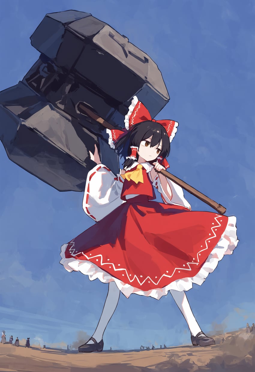 1girl, absurdres, ascot, black_footwear, black_hair, blue_sky, bow, closed_mouth