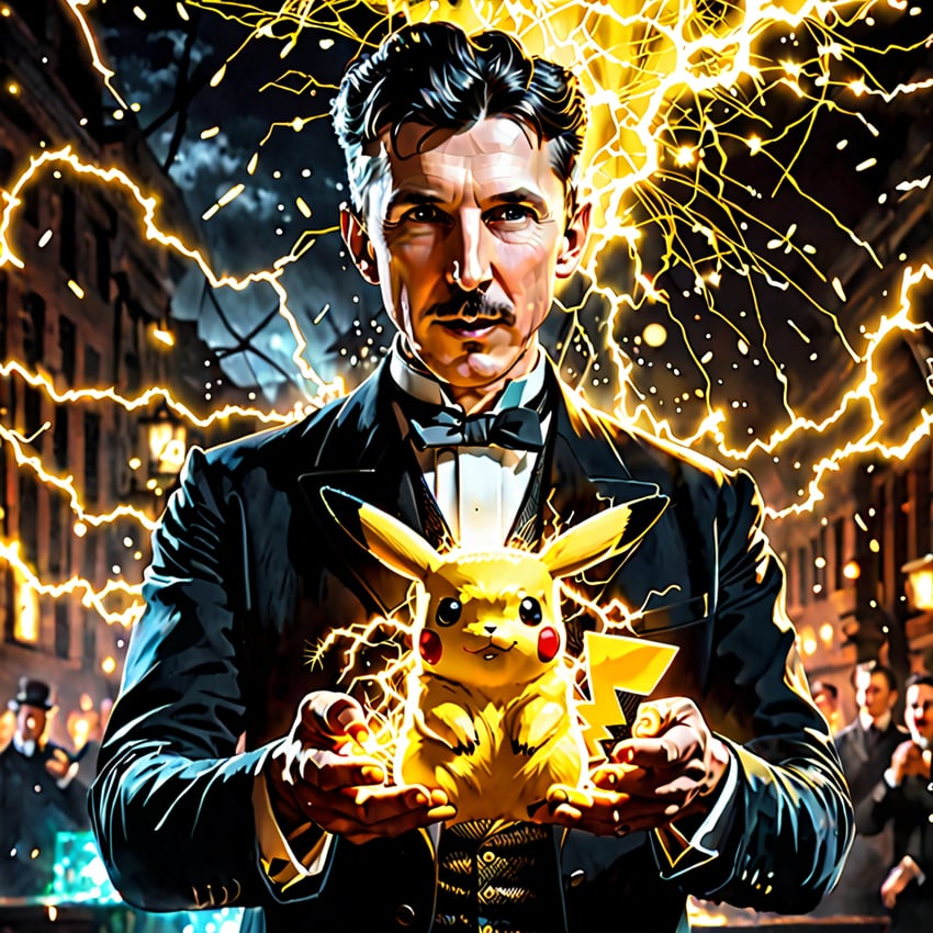 1boy, black_hair, crossover, dreamshaper_xl, electricity, facial_hair, follow, looking_at_viewer