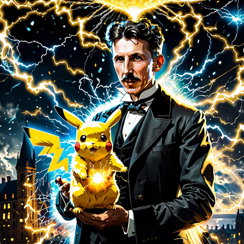 1boy, black_hair, crossover, dreamshaper_xl, electricity, facial_hair, follow, holding, lapels, long_sleeves, looking_at_viewer, male_focus, meme, mustache, nikola_tesla, non-web_source, pikachu, pokemon, pokemon_(creature), real_life, self-upload, solo, trait_connection, tuxedo