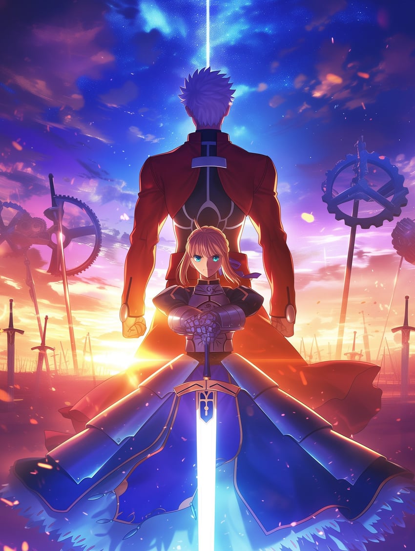 1boy, 1girl, ahoge, archer_(fate), armor, armored_dress, artoria_pendragon_(fate), back-to-back