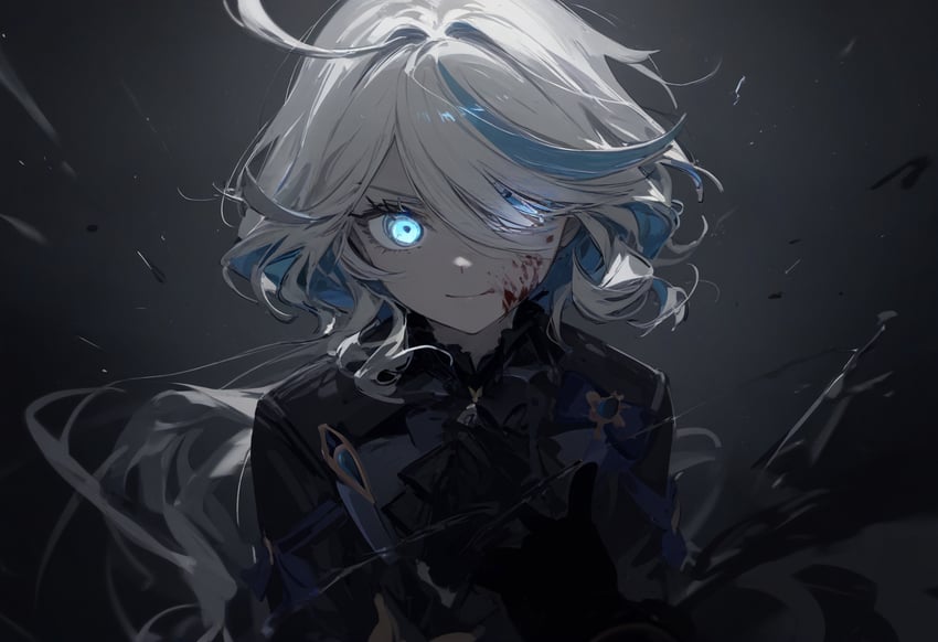 1girl, bangs, black_shirt, blood, blood_on_face, blue_eyes, blue_hair, chinese_commentary, collared_shirt, commentary_request, dark_background, eyelashes, floating_hair, furina_(genshin_impact), genshin_impact, glowing, glowing_eyes, gradient, gradient_background, grey_background, hair_between_eyes, hair_over_one_eye, light_particles, light_smile, long_hair, looking_at_viewer, metadata_request, model_request, multicolored_hair, pale_skin, shirt, snow_r_seed, solo, straight-on, streaked_hair, upper_body, white_hair