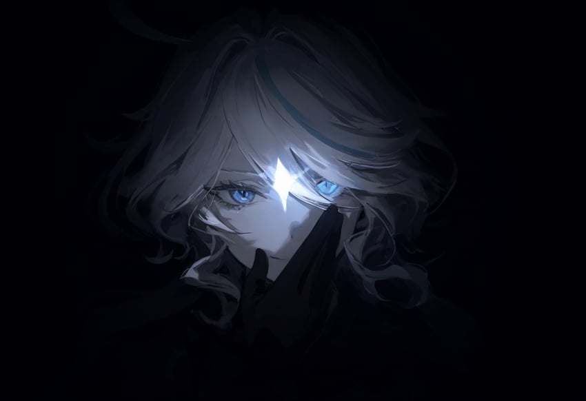 1girl, bangs, black_background, black_gloves, blue_eyes, blue_hair, chinese_commentary, commentary_request