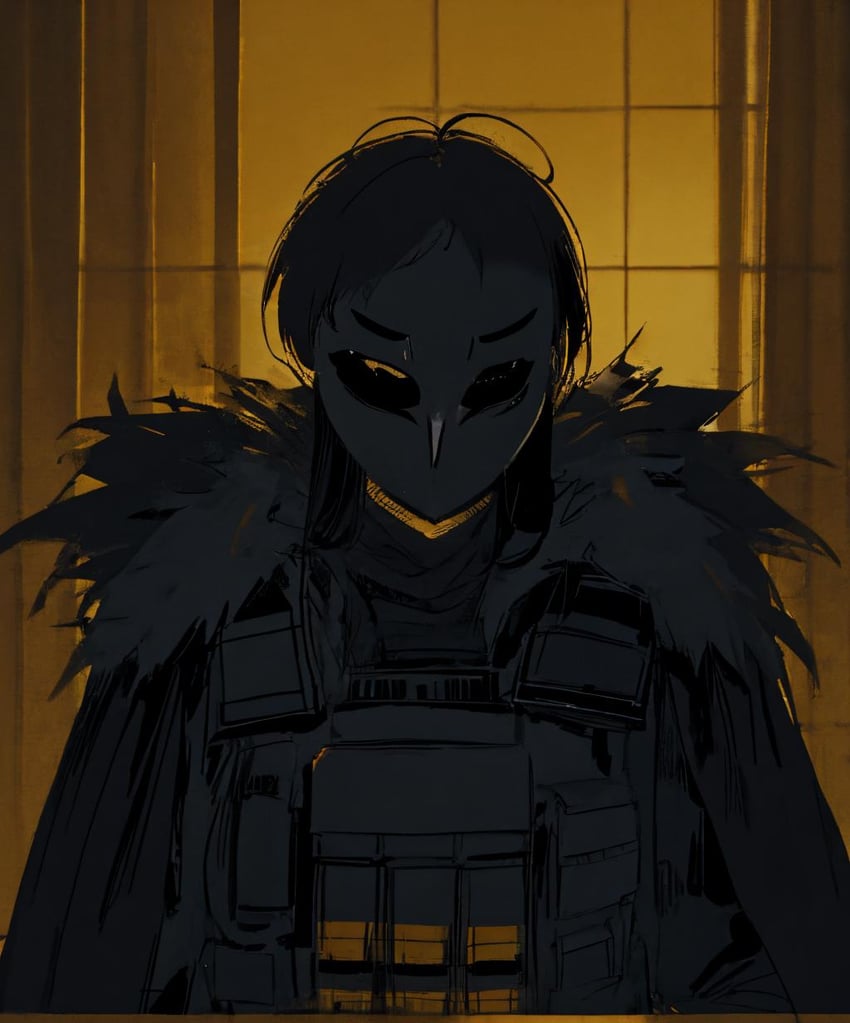 1girl, binah_(project_moon), black_cape, black_cloak, black_hair, black_mask, bulletproof_vest, cape