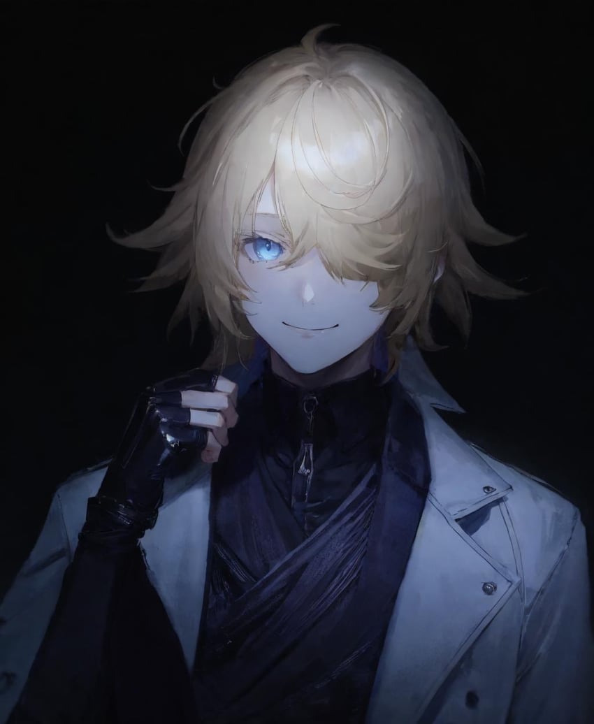 1boy, bishounen, black_background, black_gloves, black_shirt, blonde_hair, blue_eyes, closed_mouth