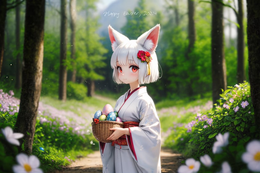 1girl, absurdres, animal_ear_fluff, animal_ears, bangs, basket, blurry, blurry_background, blurry_foreground, blush, bob_cut, bokeh, breasts, bush, carrying, child, closed_mouth, commentary, cowboy_shot, day, depth_of_field, easter, easter_egg, egg, english_commentary, english_text, floral_print, flower, foliage, forest, fox_ears, fox_girl, from_side, grass, hair_between_eyes, hair_flower, hair_ornament, happy_easter, highres, holding, holding_basket, inpainted, japanese_clothes, kimono, light_particles, long_sleeves, looking_at_viewer, looking_to_the_side, metadata_request, mountainous_horizon, multidiffusion, nature, non-web_source, obi, original, outdoors, plant, print_kimono, red_eyes, red_flower, resized, sash, scenery, self-upload, short_hair, small_breasts, smile, solo, standing, sulph, sunlight, tree, upscaled, white_flower, white_hair, white_kimono, wide_sleeves, yexp3
