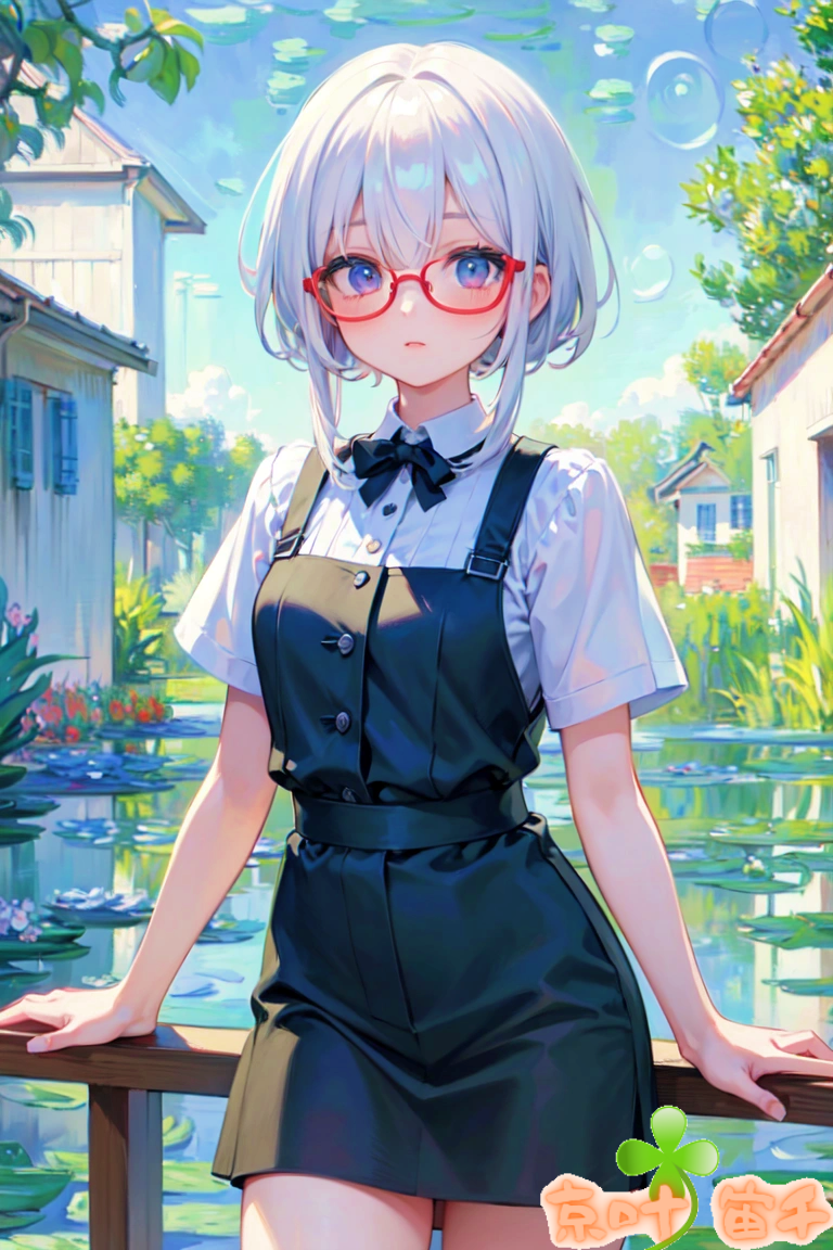 1girl, artist_name, bangs, black_bow, blue_eyes, blue_sky, bow, building, buttons, closed_mouth, cowboy_shot, day, dress, flower, glasses, kyokasora, looking_at_viewer, metadata_request, milktea, non-web_source, original, outdoors, parted_lips, pinafore_dress, plant, pond, railing, red-framed_eyewear, self-upload, shirt, short_hair, short_sleeves, sky, solo, standing, tree, water, white_hair, white_shirt