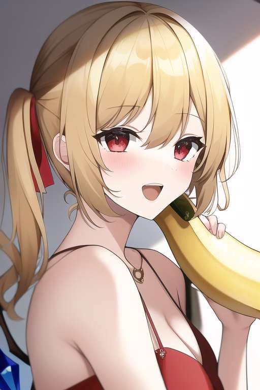 1girl, banana, banana_phone, bangs, bare_shoulders, blonde_hair, blurry, breasts
