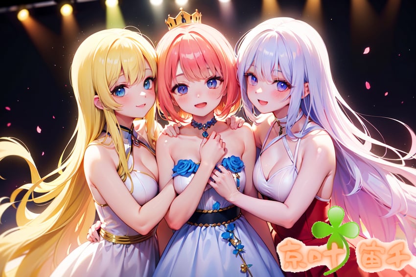 3girls, artist_name, bangs, bare_shoulders, blonde_hair, blue_dress, blue_eyes, blue_flower, blue_rose, breasts, cleavage, collarbone, crown, dress, flower, halterneck, hand_on_another's_shoulder, hug, kyokasora, long_hair, looking_at_viewer, metadata_request, milktea, multiple_girls, non-web_source, open_mouth, original, purple_eyes, red_dress, red_hair, rose, self-upload, short_hair, sleeveless, sleeveless_dress, smile, strapless, tiara, very_long_hair, white_dress, white_hair